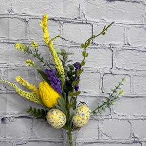 Deco Egg and Spring Floral Pick 14”, Fabric Wrapped Eggs, Yellow Tulips, Wreath, Craft, Floral and Garden Supply, MT24613