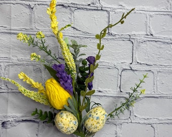 Deco Egg and Spring Floral Pick 14”, Fabric Wrapped Eggs, Yellow Tulips, Wreath, Craft, Floral and Garden Supply, MT24613