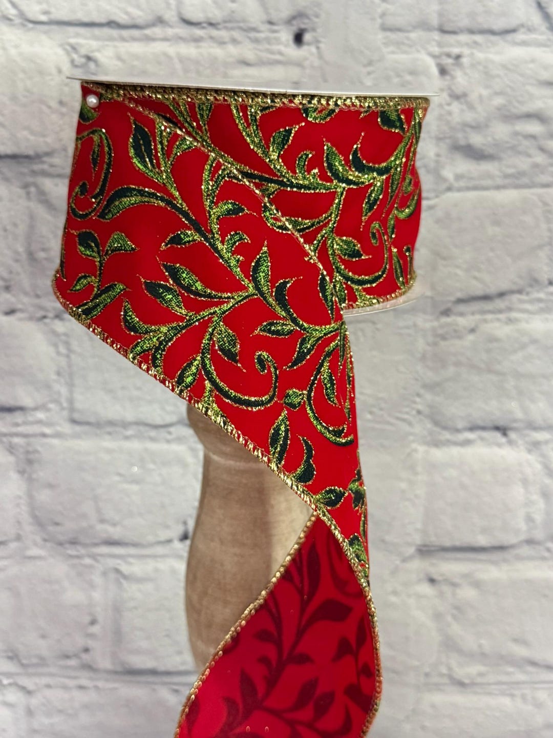 Red Velvet Ribbon With Two-tone Green Vines & Gold Glitter – Regency ...