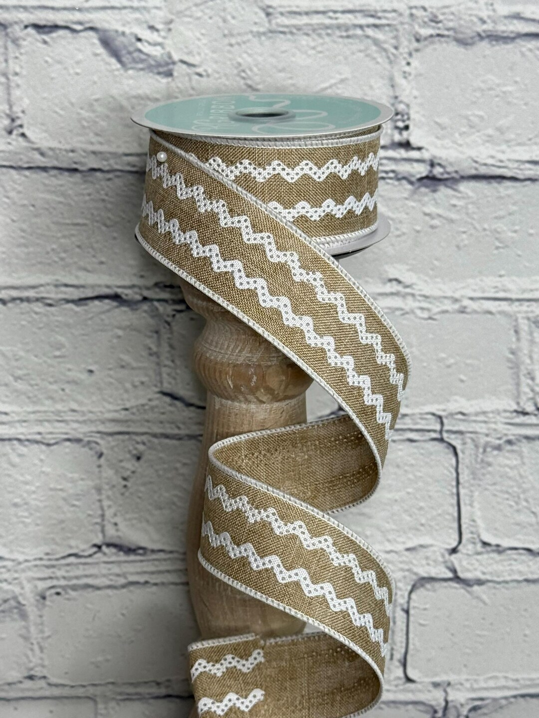 Beige Ribbon With White Ricrac 1.5” X 10 Yards Wired Ribbon, Ribbon for ...
