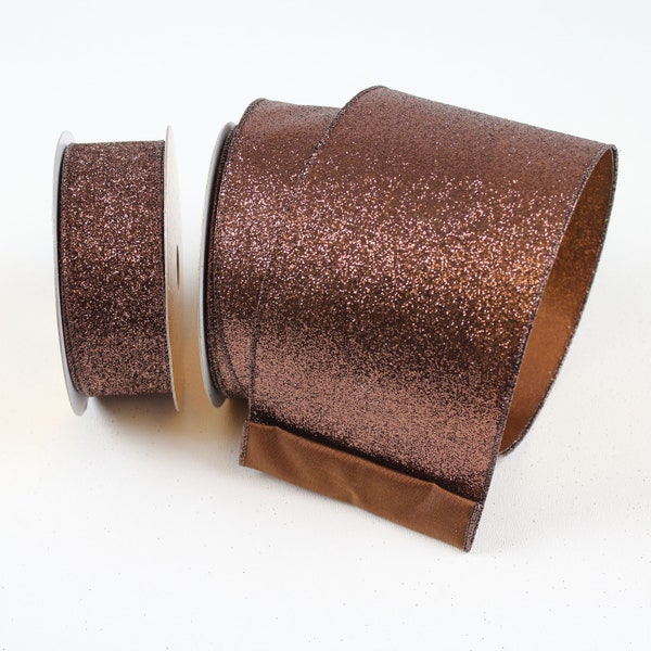 Chocolate Brown Diamond Dust Ribbon 4” x 10 Yards, Farrrisilk Luxury Ribbon for Wreaths, Crafts or Floral Designs RP285-23