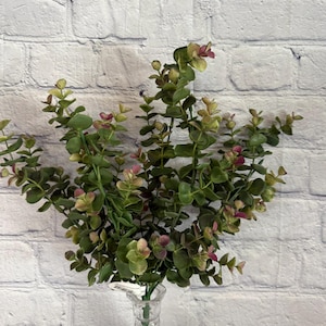Eucalyptus Variegated Green and Pink Plastic Bush 15.5&quot;, Spring Greenery Wreath Embellishment Supply, Floral Supply, MTF23811