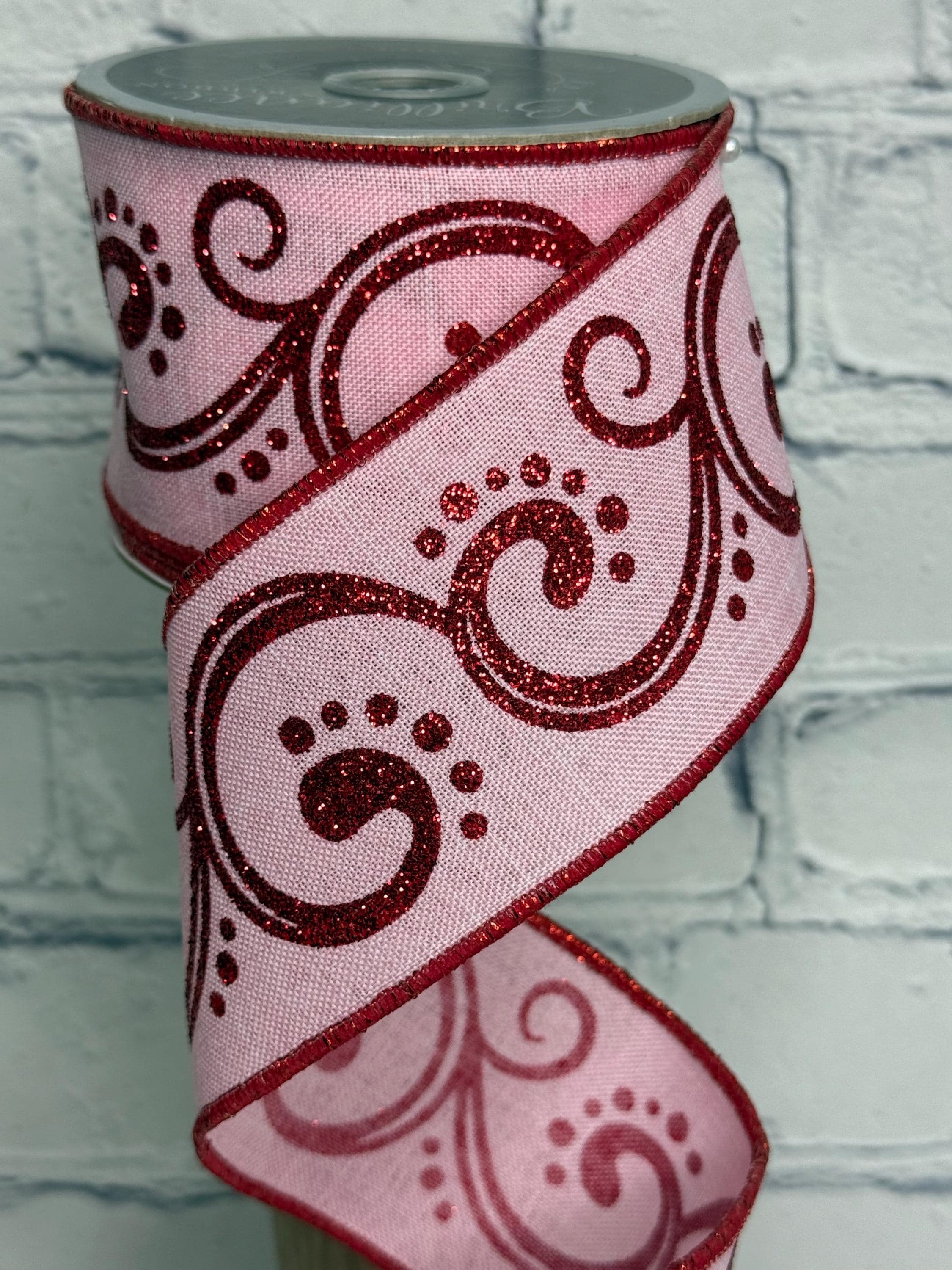 Valentines Ribbon Pink Ribbon With Red Glitter Swirls – 2.5