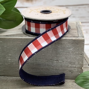 Red White and Blue Check Dupion Wired Ribbon 1” x 10 Yards, Patriotic Ribbon for Wreaths, July 4th Ribbon for Crafts or Floral Designs