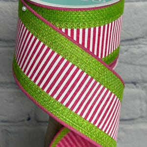 Hot Pink and White Horizontal Stripe with Lime Border Royal Burlap 2.5” x 10 Yards, Ribbon for Wreaths, Crafts or Floral Designs, RG8480AW