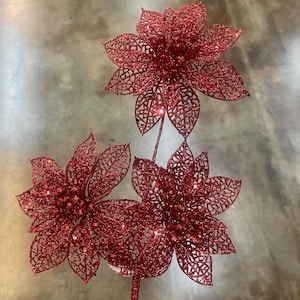 Red Glitter Poinsettia Stem x 3, Winter Spray for Wreaths, Centerpieces, Swags, Garlands and Christmas Trees, MTX70565