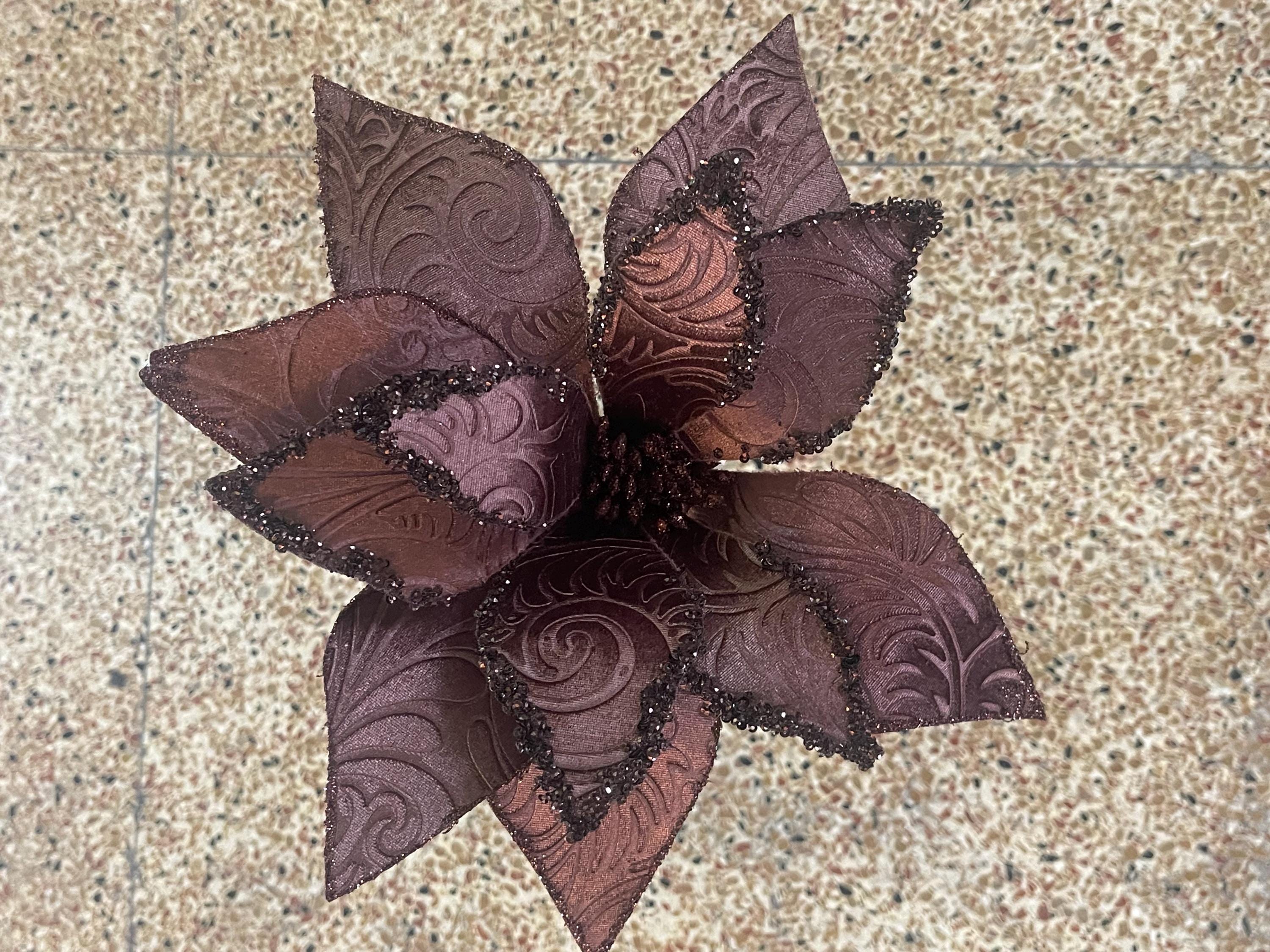 Chocolate Brown Poinsettia 22”, Baroque Velvet W/ Glitter, Bronze