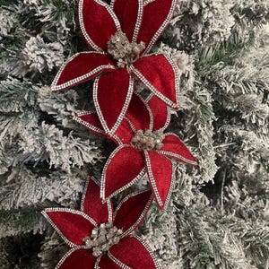 Poinsettia Red Velvet Sequin Stem 26&quot; x 13&quot; Dia, Glitter Pick Spray for Wreaths, Centerpieces, Swags, Garlands, Christmas Trees, MTX73521
