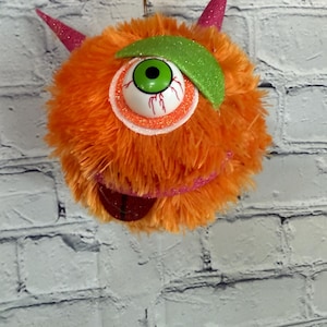 Orange Furry Monster, 7&quot; H, Halloween Wreath Attachment, One-Eyed Plush Monster with Pink Horns & Lime Green Details, 57306OR