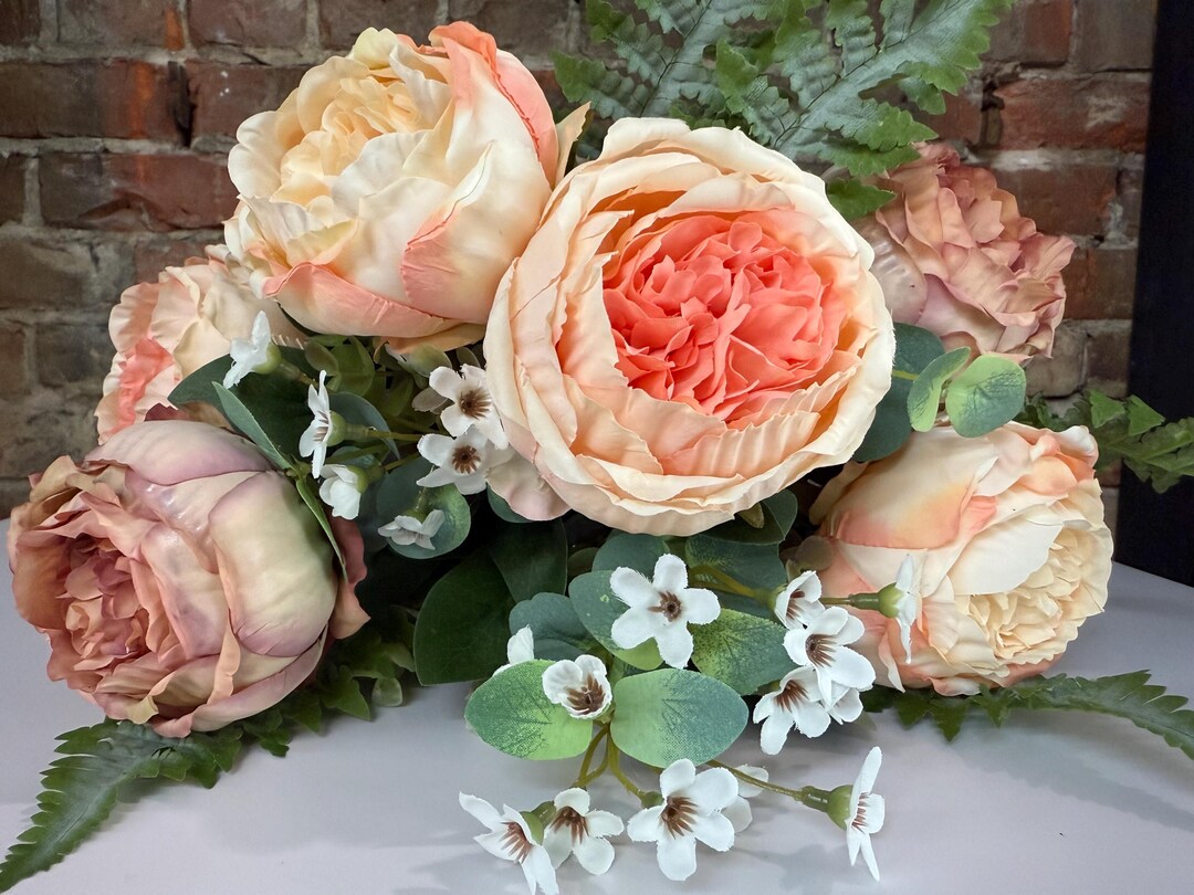 Peach and Cream Cabbage Rose Eucalyptus Bush, 16”, Farmhouse Country ...