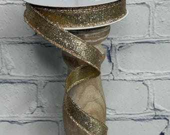 Champagne Glitter on Metallic 5/8” X 10 Yards Wired Ribbon, RJ2030P5