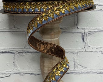 Dusty Blue Velvet Ribbon with gold Scallop Jewel Trim, 1" x 10 yd. d. Stevens Luxury Ribbon, Fall Ribbon, Christmas Ribbon, 05-1127