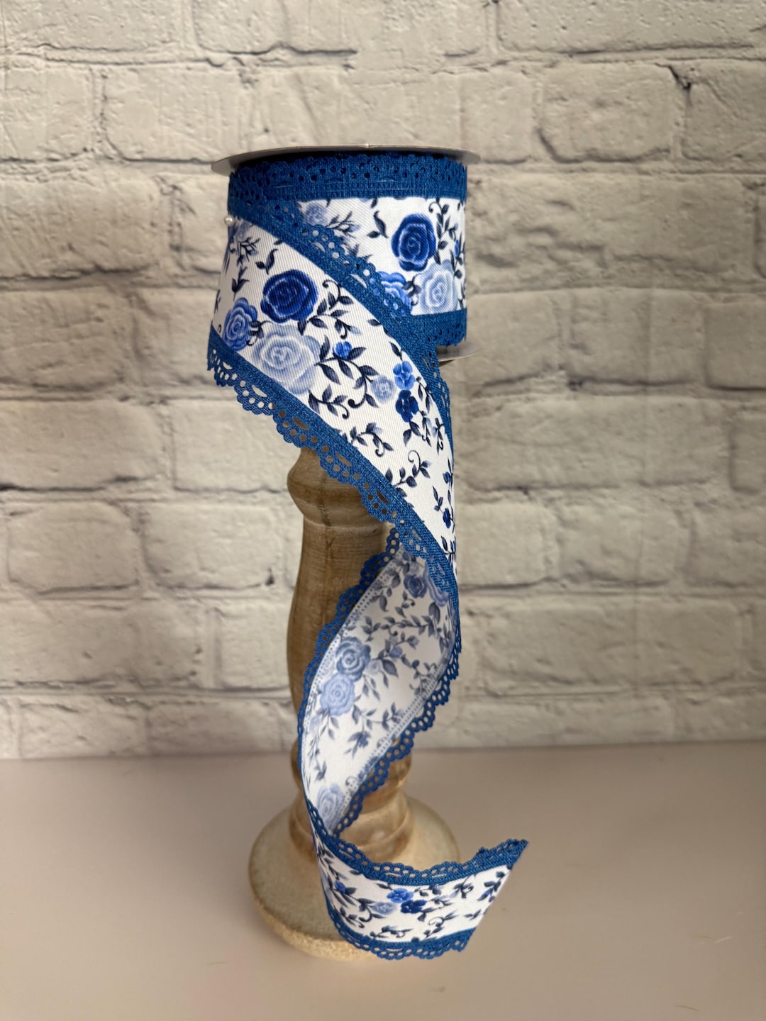 Blue Mini Roses Lace Edge Ribbon, 2.5