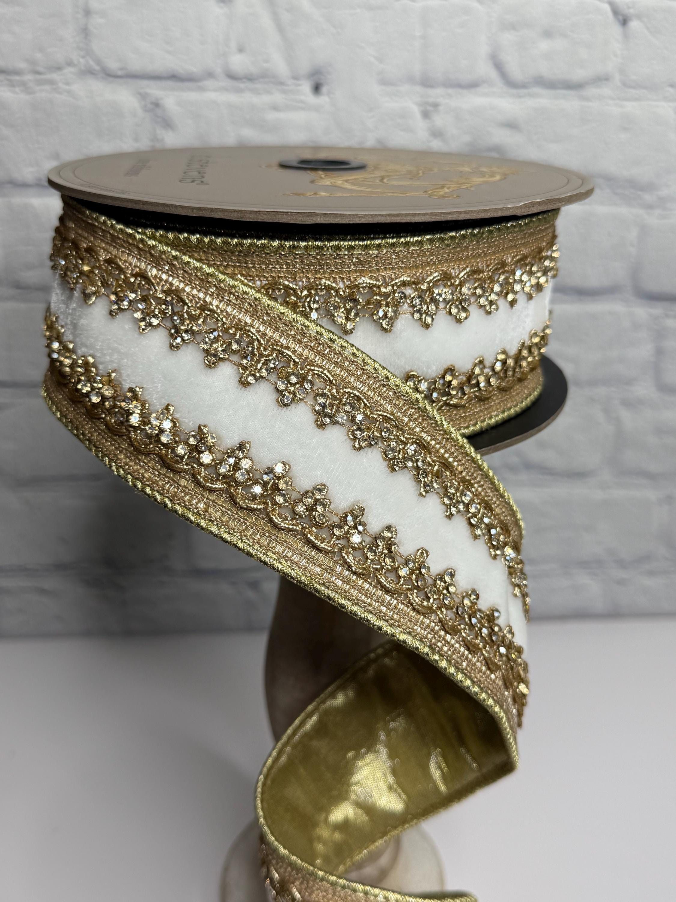 White Velvet W/ Light Gold Jewel Countess Trim 2.5