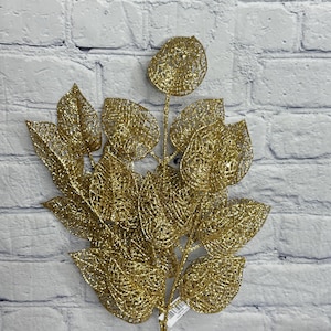 Gold Glitter Leaves Bush 20”, Christmas Tree Spray, Glitter Pick for Wreaths, Centerpieces, Swags, Garlands or DIY Projects, 20040