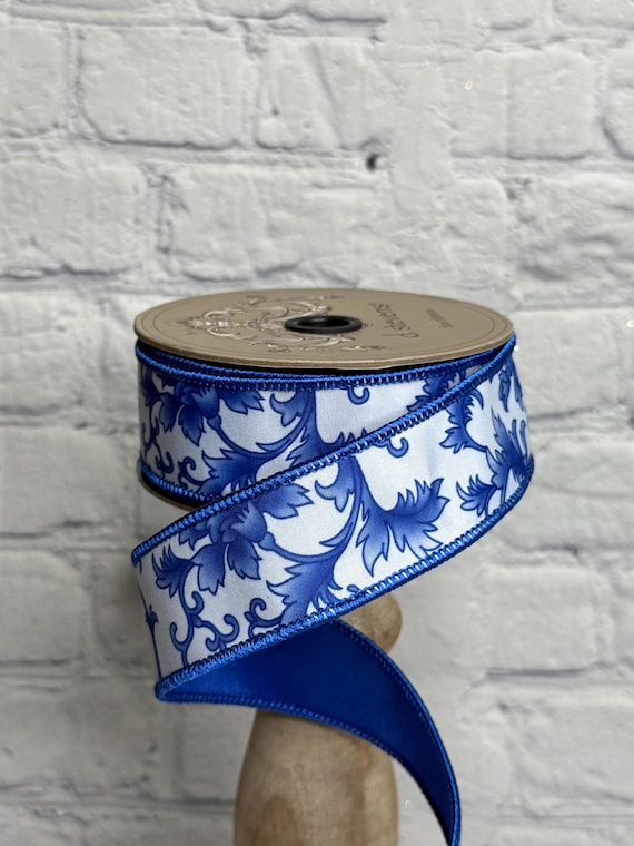 Chinoiserie Blue and White Dupion Wired Ribbon 1.5” X 10 Yards, D