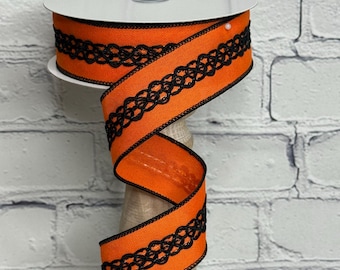 Cinta naranja con alambre, encaje y ribete negros, 3,8 cm x 9,5 m, ideal para Halloween, para coronas, RGC811220