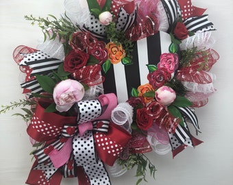 Valentines Day Wreath with Pink Peonies and Red and Pink Roses, Valentine Party Wall Hanger Decor, Red White and Black Deco Mesh Wreath