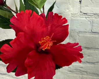 hibiscus♡ Hibiscus Spray, Red, 29” With 2 Flowers & 1 Bud, Tropical
