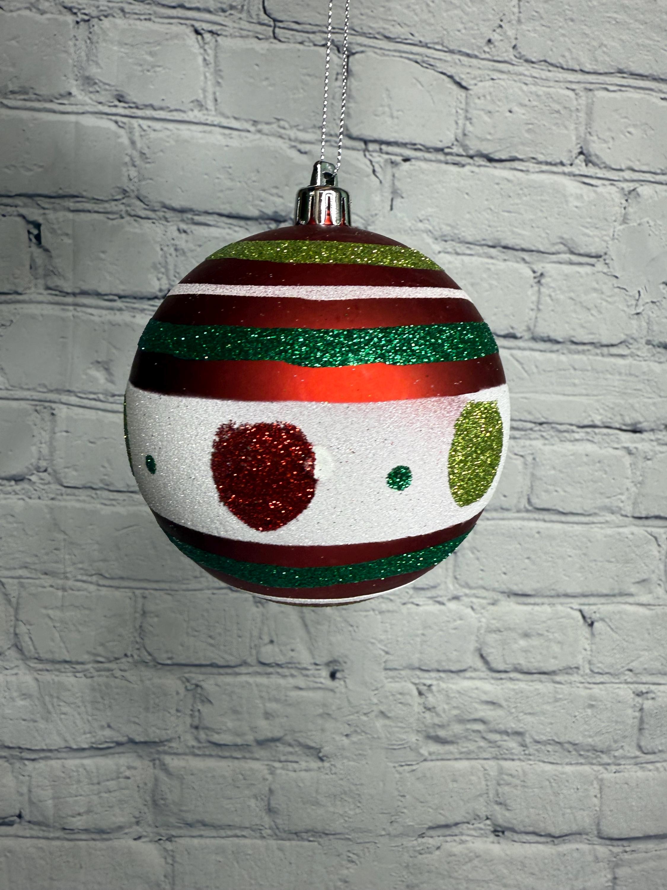 Ornament, Lime, Emerald, Red and White Matte Polkadot Stripe Ball