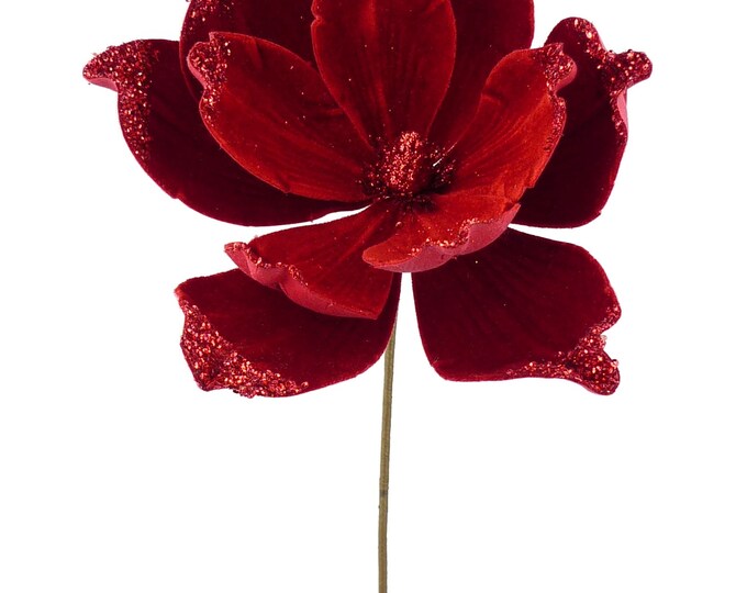 Red Velvet Magnolia Spray 21h X 11 Dia, Glitter Pick Spray for Wreaths