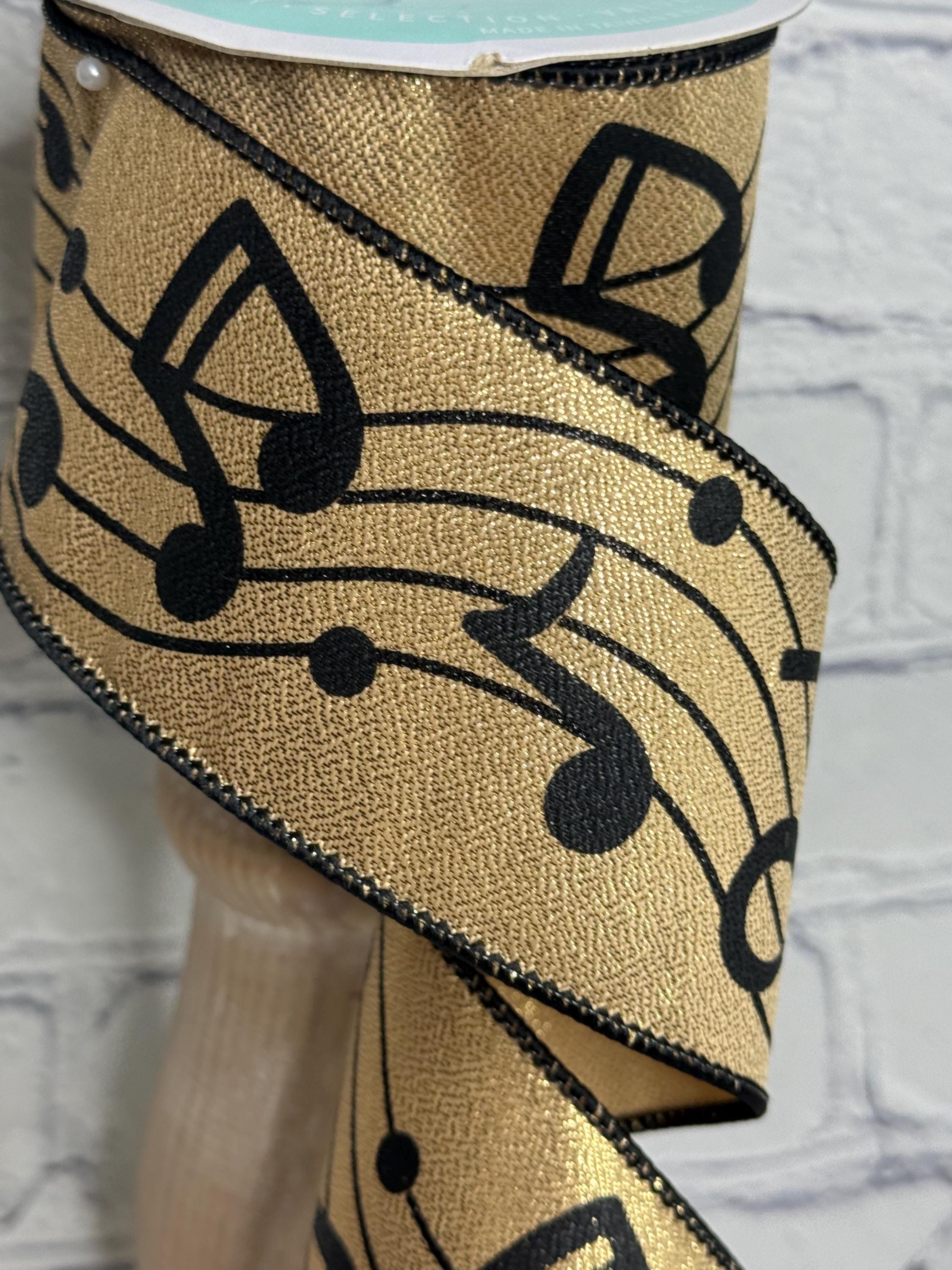 Colorful Musical Note Ribbon Bold Music Notes Ribbon – Metallic Gold With Black Notes, 2.5