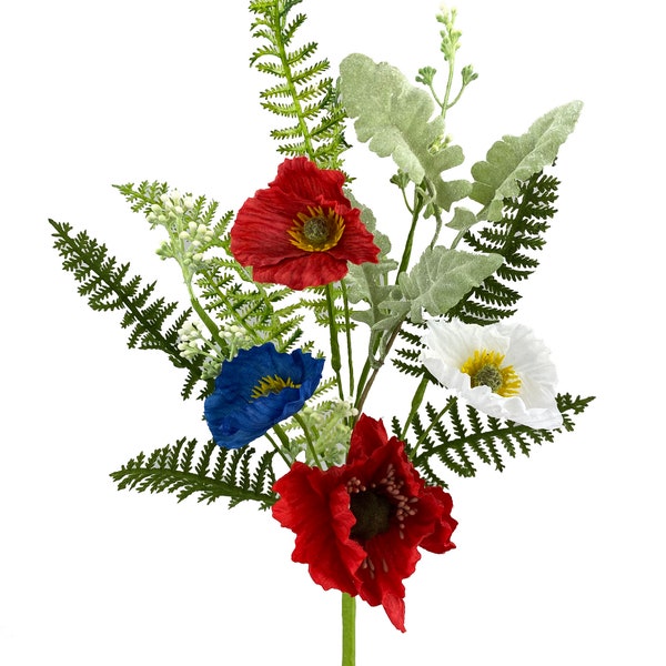 Red, White And Blue Poppy Fern Pick for July 4th or Patriotic 16”, Summer Floral, Wreath Embellishment Supply, Floral Supply 74204SP16