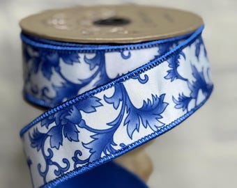 Chinoiserie Blue and White Dupion Wired Ribbon 1.5” X 10 Yards, d Stevens Wired Ribbon for Wreaths, Crafts or Floral Designs, 18-2475