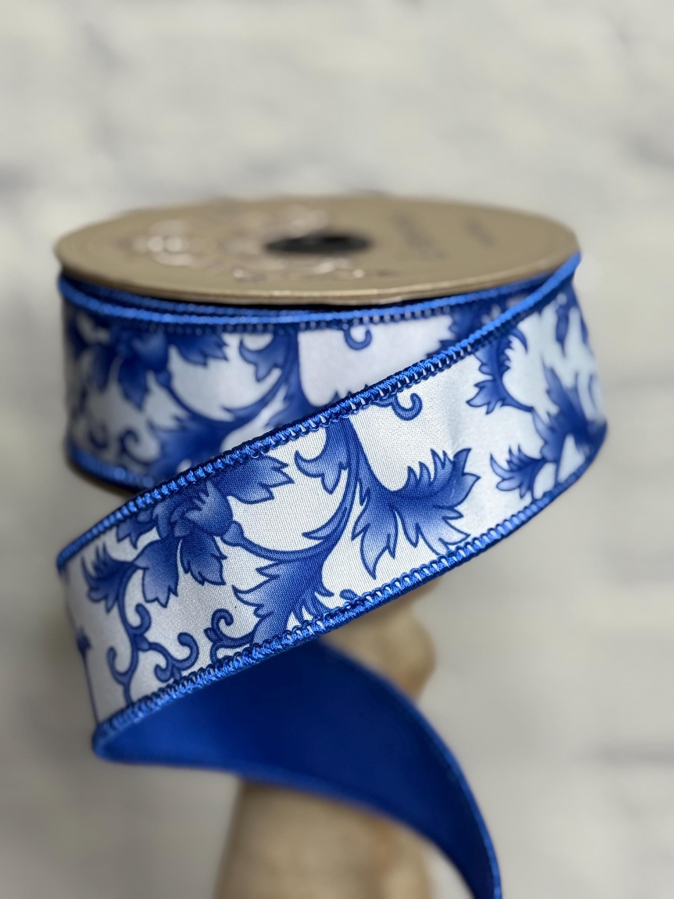 Chinoiserie Blue and White Dupion Wired Ribbon 1.5” X 10 Yards, D