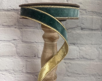 Celadon Velvet With Gold Backing Wired Ribbon 1” x 10 Yds, Spring, Summer, Fall or Easter Ribbon for Wreaths or Floral Designs, 07-1707