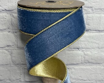 Dusty Blue Velvet Ribbon With Light Gold Metallic Gold Backing