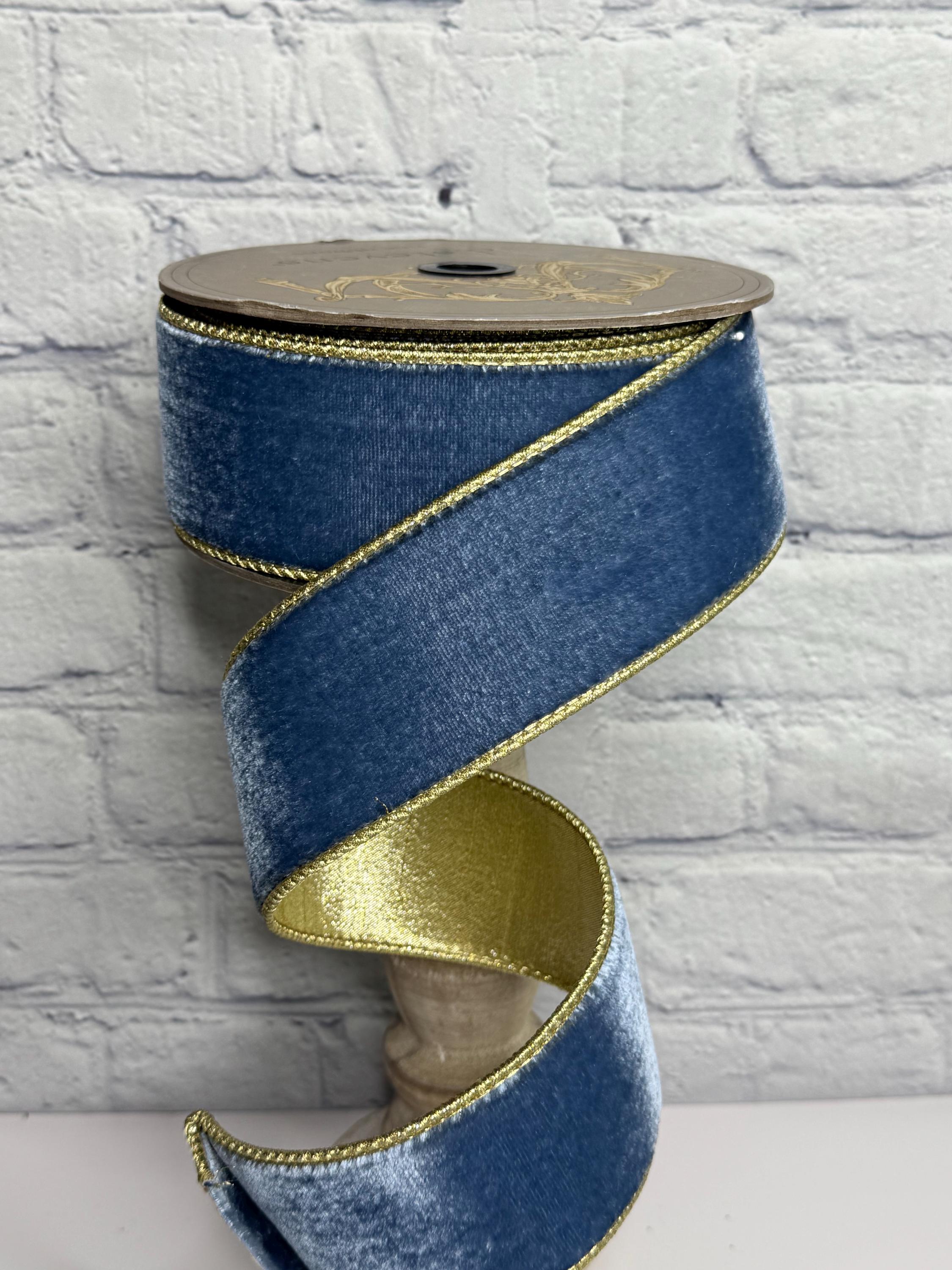 Dusty Blue Velvet Ribbon With Light Gold Metallic Gold Backing