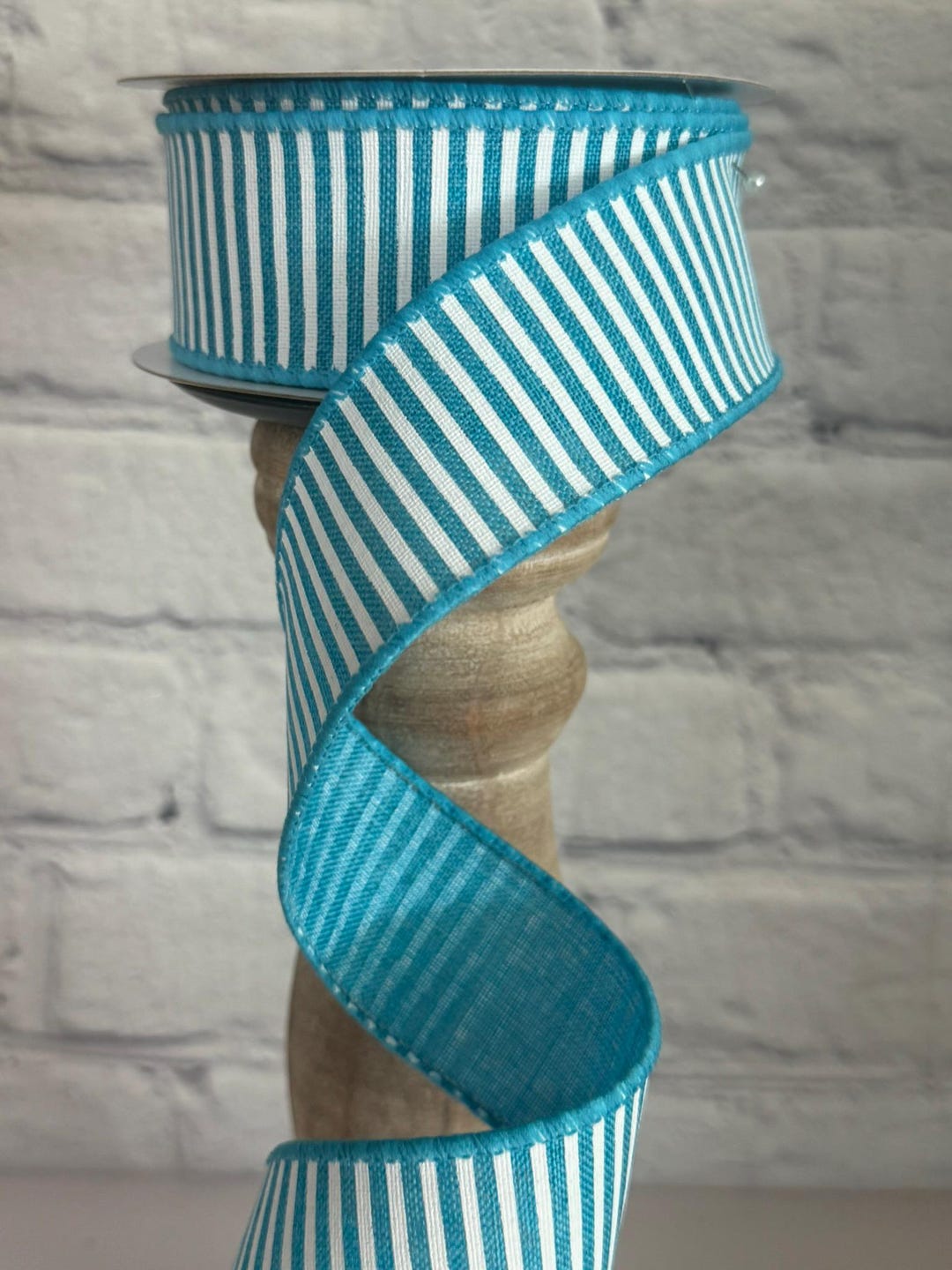 Custom Stipe Ribbon Turqoise and White Horizontal Stipe Royal Canvas 1.5” X 10 Yards ...