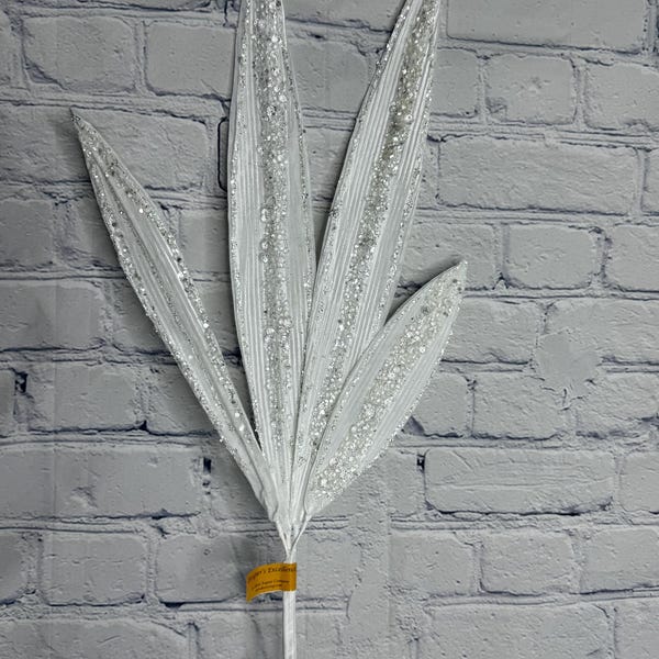 White Beaded & Glittered Jewel Leaf Stem – 39”, Christmas Tree Spray, Glitter Pick for Wreaths, Centerpieces, 225693
