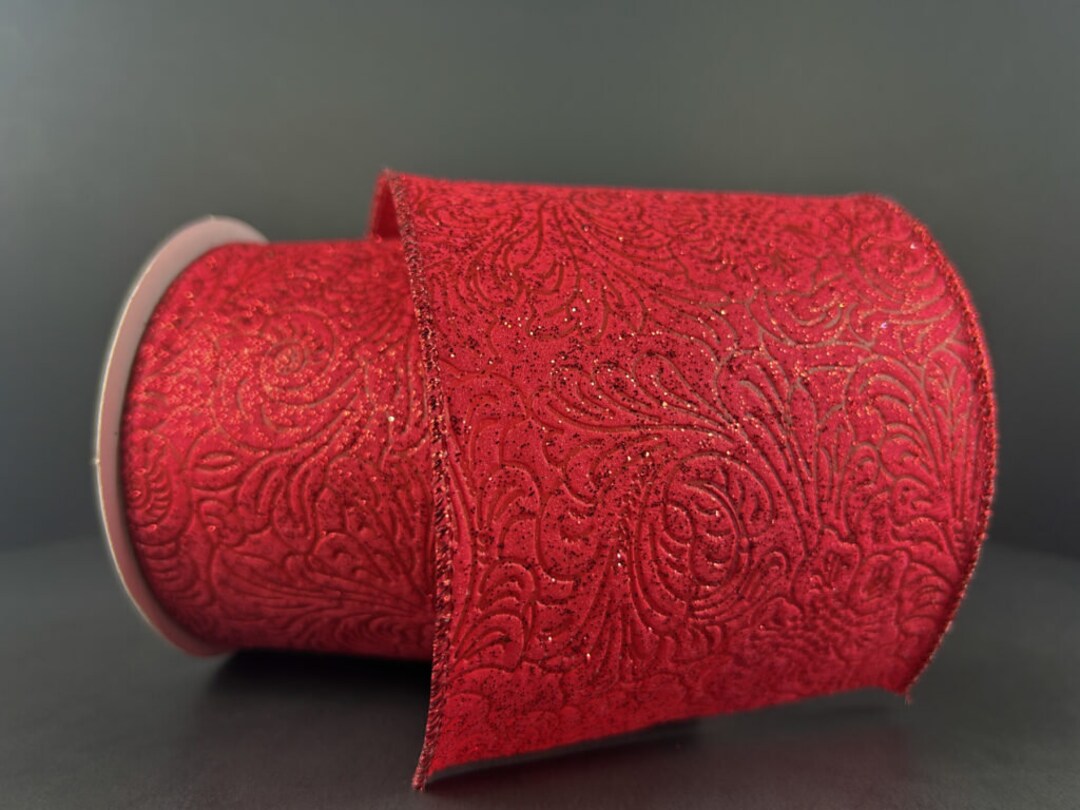 Embossed Ribbon, Red Glittered Floral, 4” X 10 Yards, Jascotina Ribbon ...