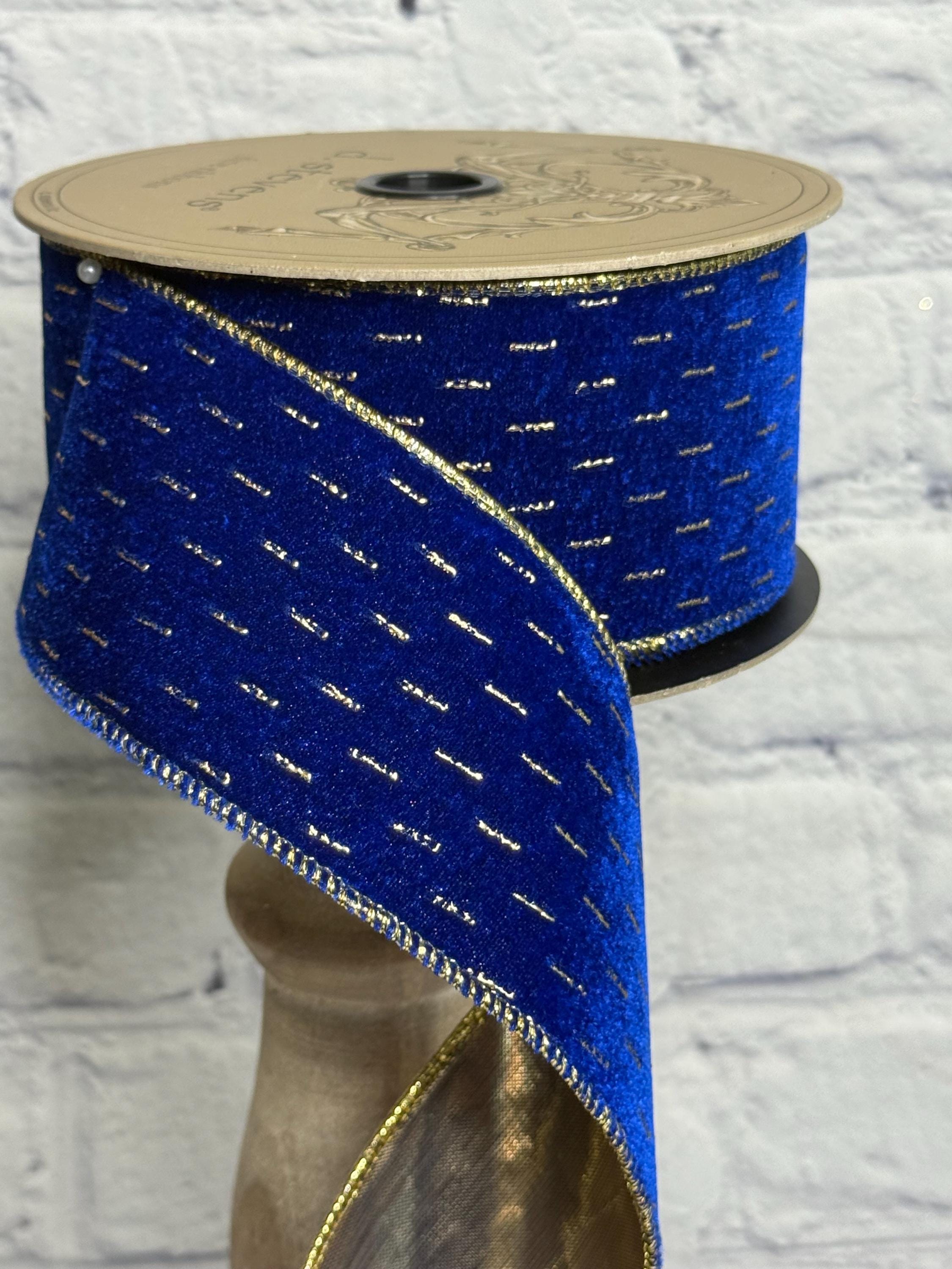 Royal Blue Velvet Wired Ribbon With Gold Modern Lines Backing