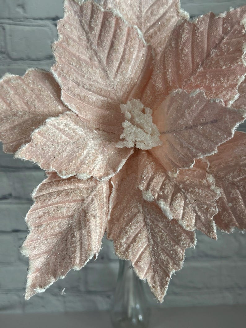 Pink Glitter Velvet Snow Edge Poinsettia Stem 24" Winter Spray for ...