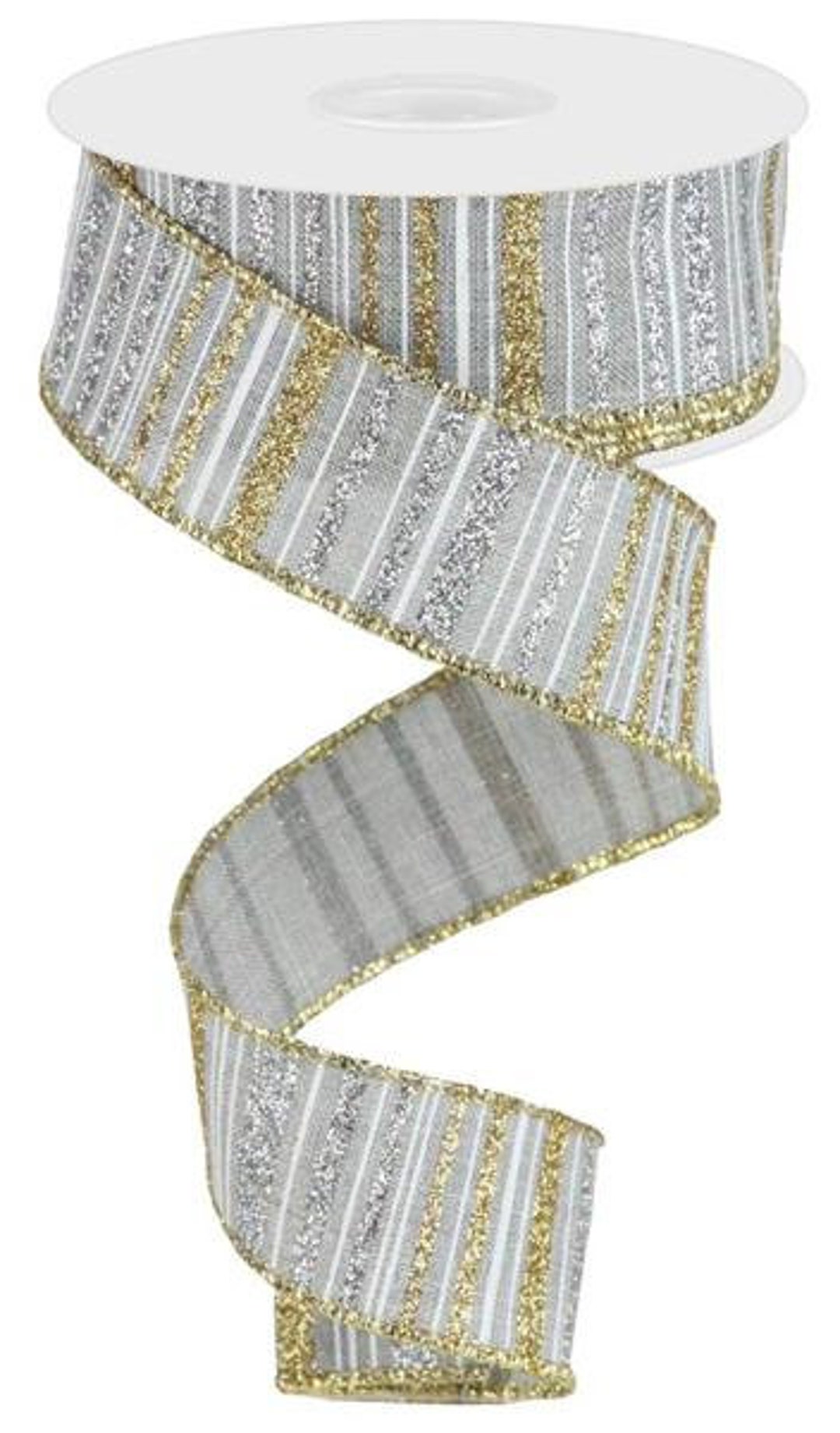 Light Grey Ribbon With Glittered Gold and Silver Stripes 1.5” X 10