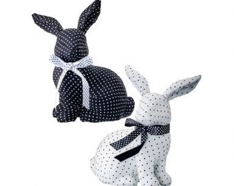 Bunny Fabric Polka Dot with Bow 10”, Black or White Polka Dot Sitting Bunny for Easter Centerpiece, Wreath Embellishment or Craft Supply