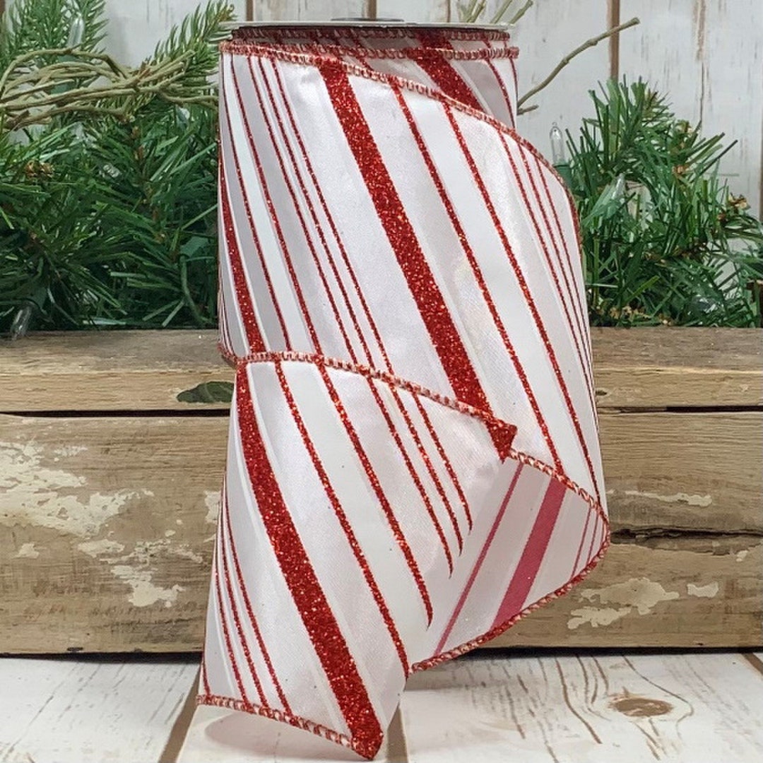 White Red Ruffle Ribbon Red and White Satin Red Glitter Stripe Wired Ribbon, 4