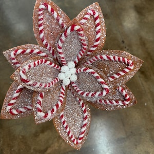 May include: A decorative poinsettia flower with glittered brown petals and red and white candy cane-striped accents. The center of the flower features small white spherical embellishments. This festive ornament is suitable for holiday decor.