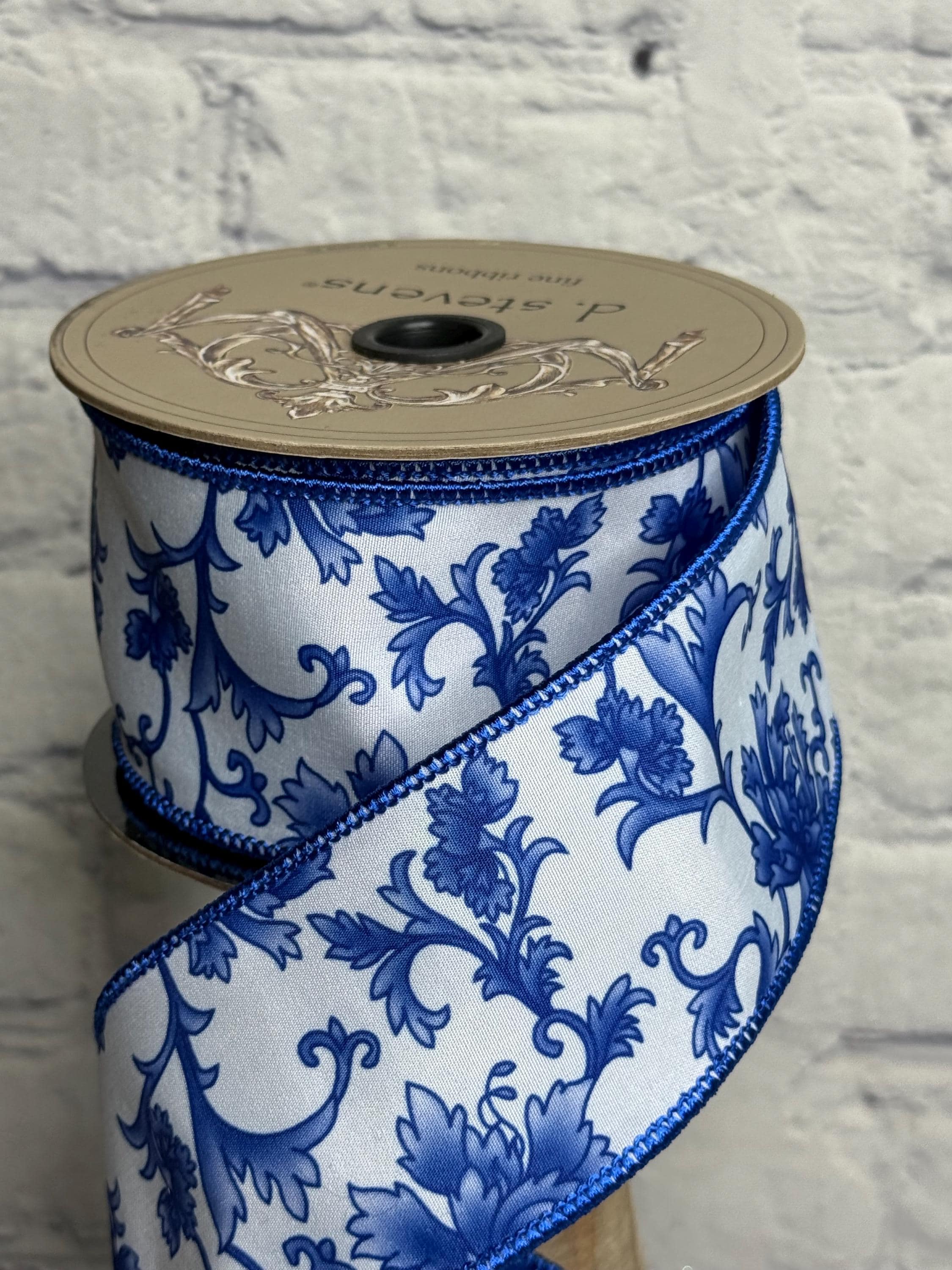Chinoiserie Blue and White Dupion Wired Ribbon 2.5” X 10 Yards, D