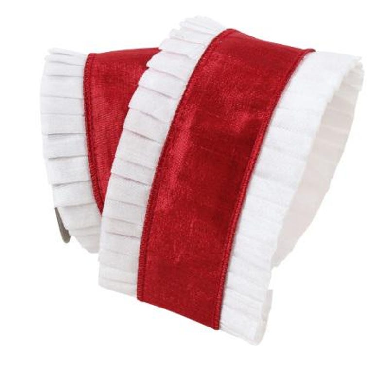 May include: A decorative ribbon featuring a wide, vibrant red satin center bordered by white ruffled edges. The ribbon is folded over itself, showcasing the contrasting textures and colors. Ideal for crafting or holiday decor.