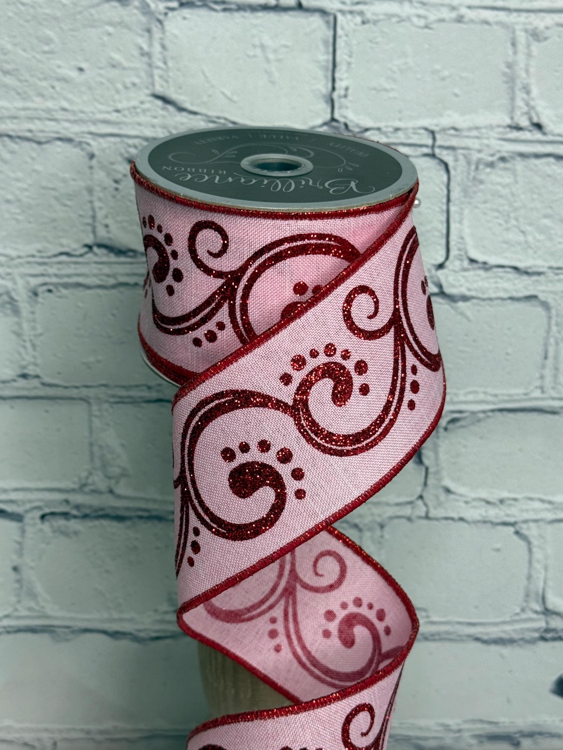 Valentines Ribbon Pink Ribbon With Red Glitter Swirls – 2.5