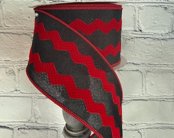 Red and Black Ric Rac Design Wired Ribbon, 2.5" X 10 Yards, RG2052CM