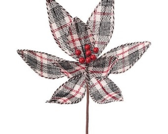Red White and Black Burlap Plaid Poinsettia Stem, 24", Centerpieces, Swags, Garlands, Christmas Trees