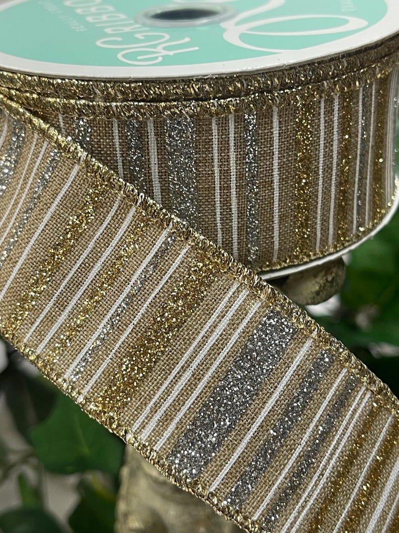 Light Beige Ribbon With Glittered Gold and Silver Stripes 1.5” X 10 ...