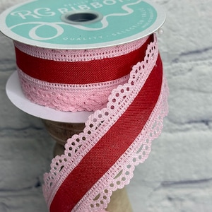 Red Ribbon with Pink Lace Scallop Edge – 1.5&quot; x 10yd – Wired – Valentine’s Day Ribbon RGA15418F
