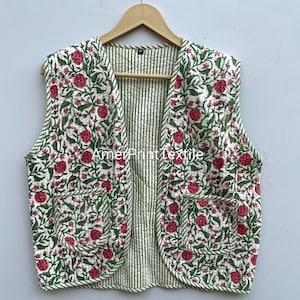 Handmade Quilted Jacket, Floral Sleeveless Vest, Short Women Coat, Hand Block Print Cotton Waistcoat