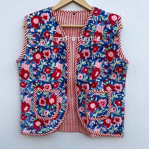 Handmade Cotton Quilted Vest Jacket | Block Print Short Waistcoat | Boho Partywear Women’s Coat Gift